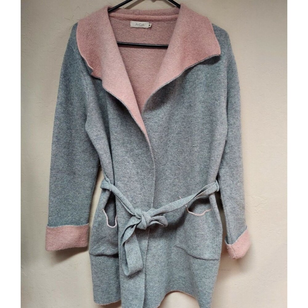 A.Ida Womens Medium Cardigan Sweater Tie Belt Wool Blend Gray Pink Made In Italy